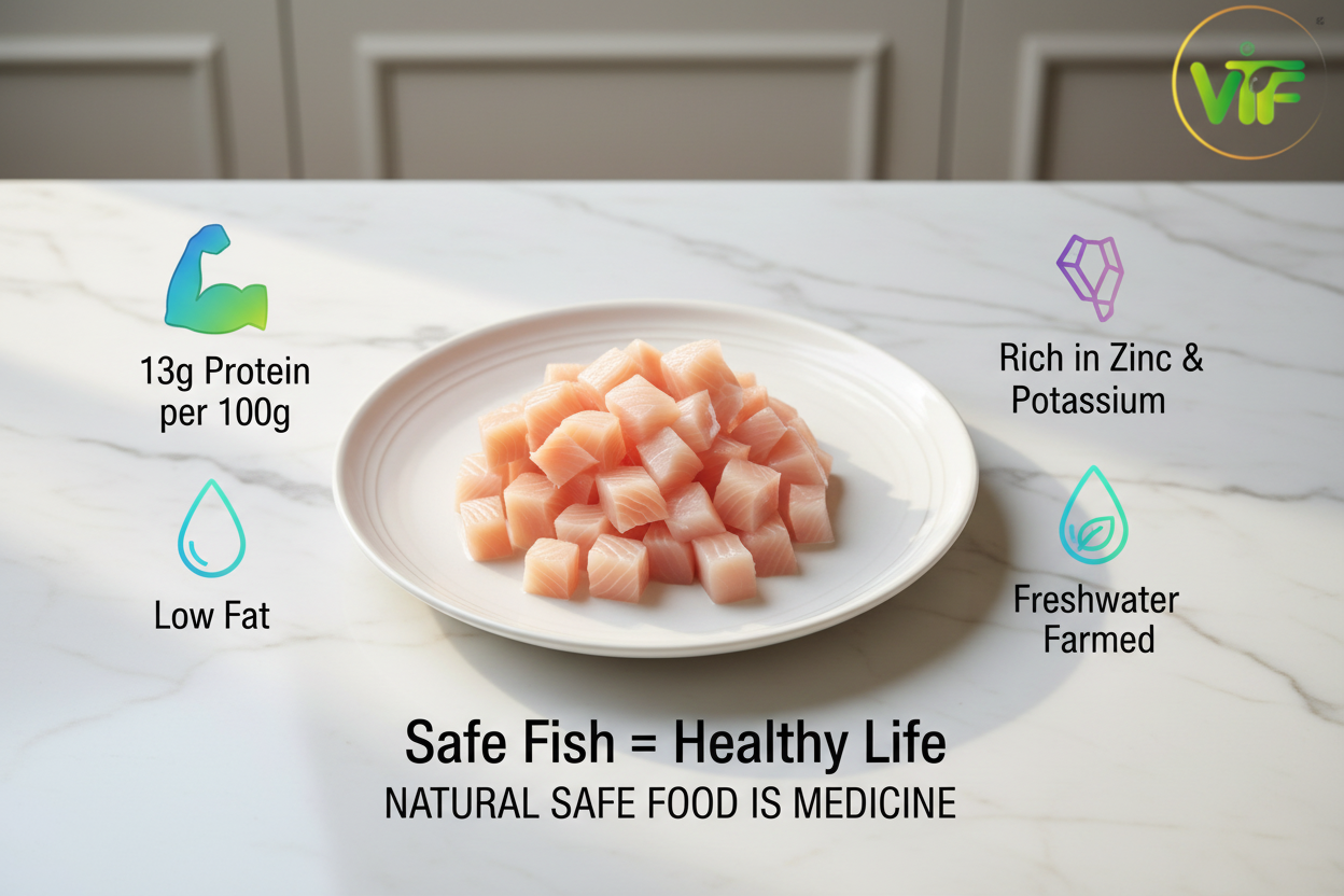 “Plain Indian Basa fish cubes arranged neatly on a clean kitchen plate, shown without spices or coatings, highlighting freshness, hygiene, and VTF’s premium safe‑food standards.”