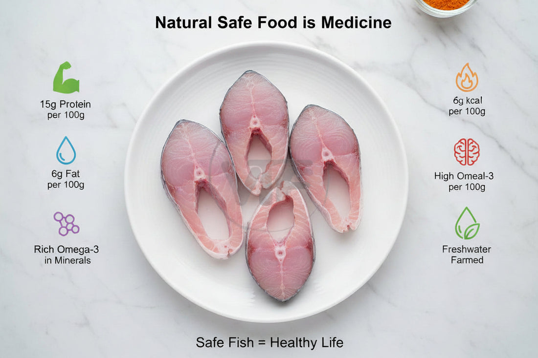 “Plain Catla fish steaks arranged neatly on a clean kitchen plate, highlighting natural texture, fresh cut quality, and VTF’s premium hygienic standards.”