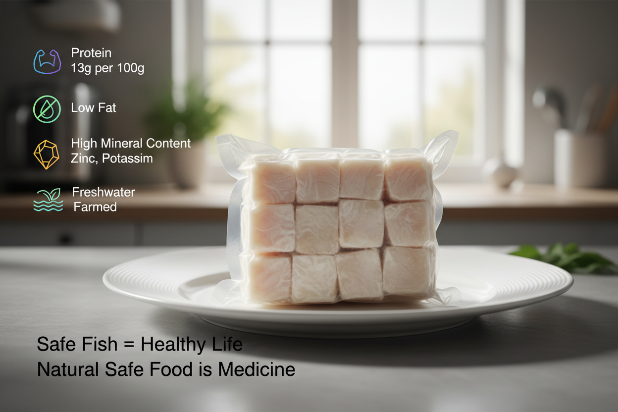 “Plain Indian Basa fish cubes arranged neatly on a clean kitchen plate, shown without spices or coatings, highlighting freshness, hygiene, and VTF’s premium safe‑food standards.”