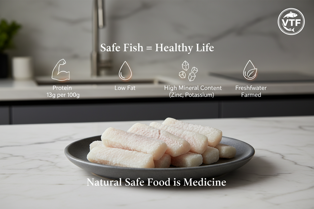 “Plain Indian Basa fish fingers arranged neatly on a clean kitchen plate, shown without spices or bread crumbs, highlighting freshness, hygiene, and VTF’s premium safe‑food standards.”