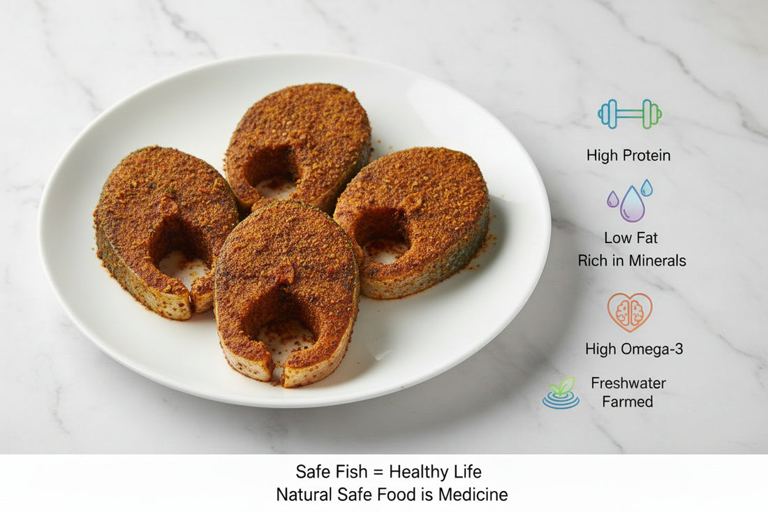 “Catla fish steaks coated with authentic Kongu‑style Indian spices, arranged neatly on a clean plate, highlighting natural texture, fresh cut quality, and VTF’s premium hygienic preparation.”