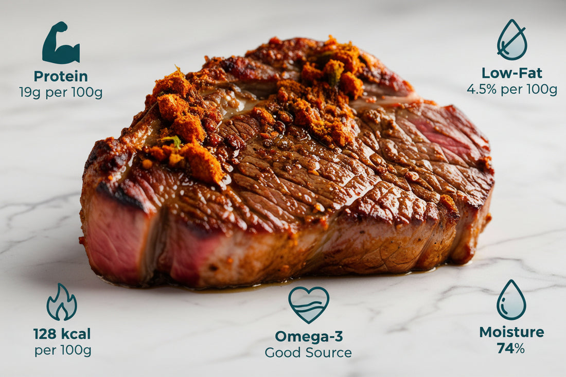 “Kongu spiced Roopchand fish steaks displayed on a clean, elegant background with clear nutritional icons, highlighting freshness, hygiene, and VTF’s premium healthy and safe food standards.”