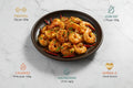 “Kongu spiced shrimp arranged on a clean, elegant background with clear nutritional icons, highlighting freshness, hygiene, and VTF’s premium healthy and safe food standards.”