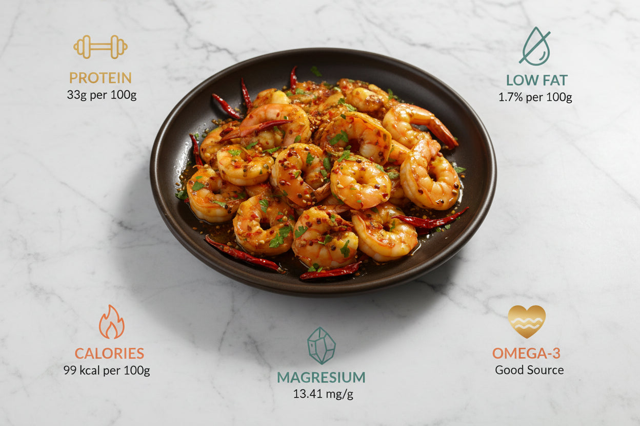 “Kongu spiced shrimp arranged on a clean, elegant background with clear nutritional icons, highlighting freshness, hygiene, and VTF’s premium healthy and safe food standards.”