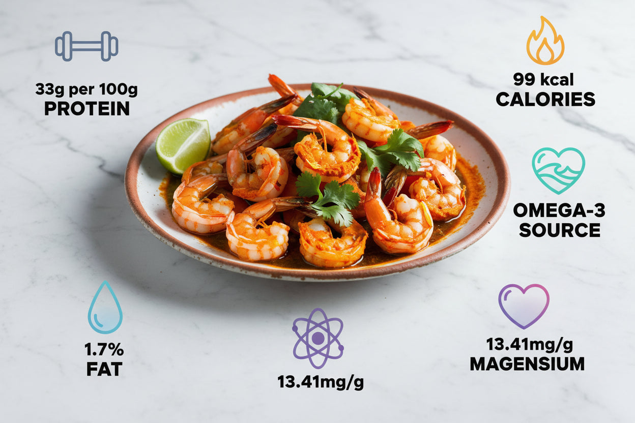 “Kongu spiced shrimp arranged on a clean, elegant background with clear nutritional icons, highlighting freshness, hygiene, and VTF’s premium healthy and safe food standards.”