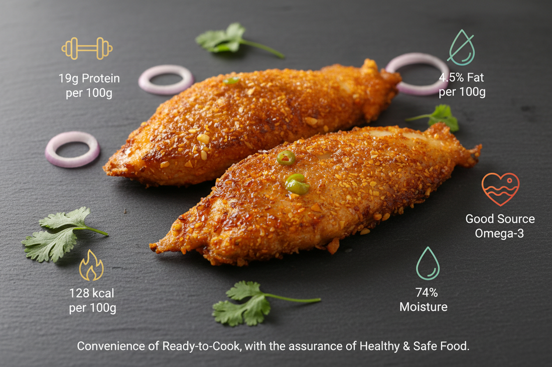 Nilgiris spiced Roopchand fish steaks arranged on a clean, elegant background with clear nutritional icons and a premium ready‑to‑cook convenience tagline, highlighting freshness, hygiene, and VTF’s healthy, safe food standards.