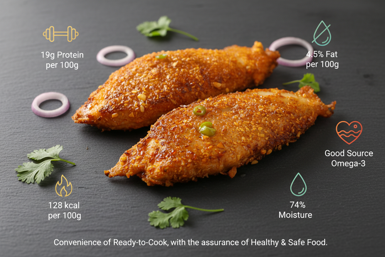 Nilgiris spiced Roopchand fish steaks displayed on a clean, elegant background with explicit nutritional icons and a premium ready‑to‑cook convenience tagline, highlighting freshness, hygiene, and VTF’s healthy, safe food standards