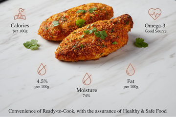 Nilgiris spiced Roopchand fish steaks arranged on a clean, elegant background with clear nutritional icons and a premium ready‑to‑cook convenience tagline, highlighting freshness, hygiene, and VTF’s healthy, safe food standards.