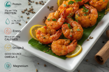 Nilgiris spiced shrimp displayed on a clean, elegant background with explicit nutritional icons—including 33 g protein—and a premium ready‑to‑cook convenience tagline, highlighting freshness, hygiene, and VTF’s healthy, safe food standards