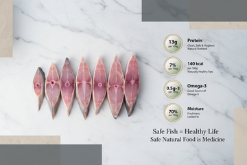 Fresh Pompano fish slices displayed on a clean, elegant background with nutrient icons and premium taglines, highlighting hygiene, freshness, and VTF’s safe‑food quality standards