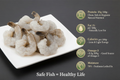 Fresh small shrimps displayed on a clean, elegant background with nutrient icons, highlighting hygiene, premium quality, and VTF’s safe‑food standards..