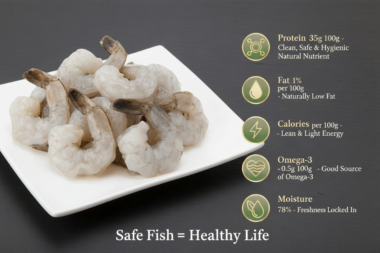 Fresh small shrimps displayed on a clean, elegant background with nutrient icons, highlighting hygiene, premium quality, and VTF’s safe‑food standards..