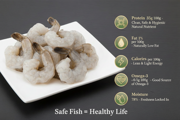 Fresh small shrimps displayed on a clean, elegant background with nutrient icons, highlighting hygiene, premium quality, and VTF’s safe‑food standards..