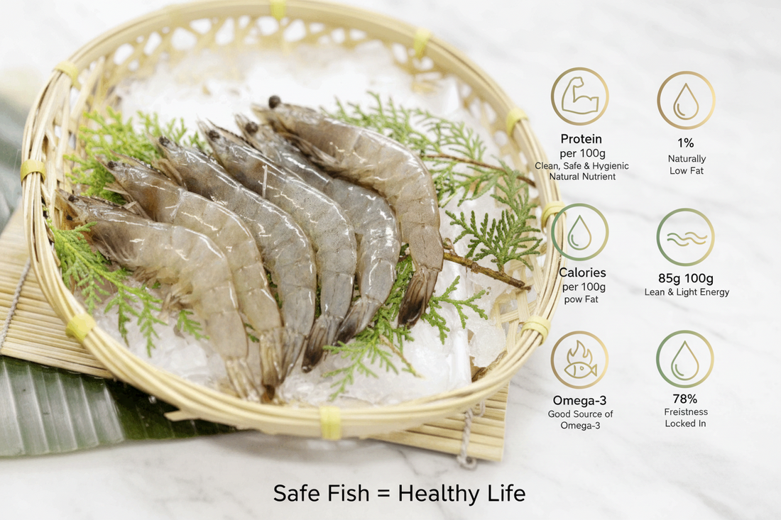 Fresh small shrimps displayed on a clean, elegant background with nutrient icons, highlighting hygiene, premium quality, and VTF’s safe‑food standards..